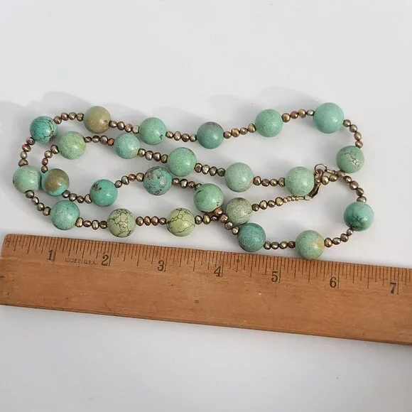 green turquoise beaded necklace w black freshwater pearls and gold filled clasp - Picture 2 of 11